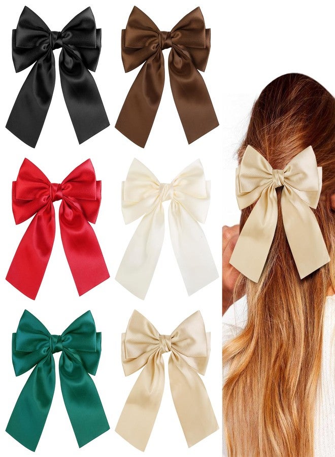 TEBIEKOY 6PCS Silky Satin Hair Bows for Women & Girls – Big Bow Hair Clips, Long Tail Ribbon Barrettes, Neutral Aesthetic Hair Accessories - Image 1